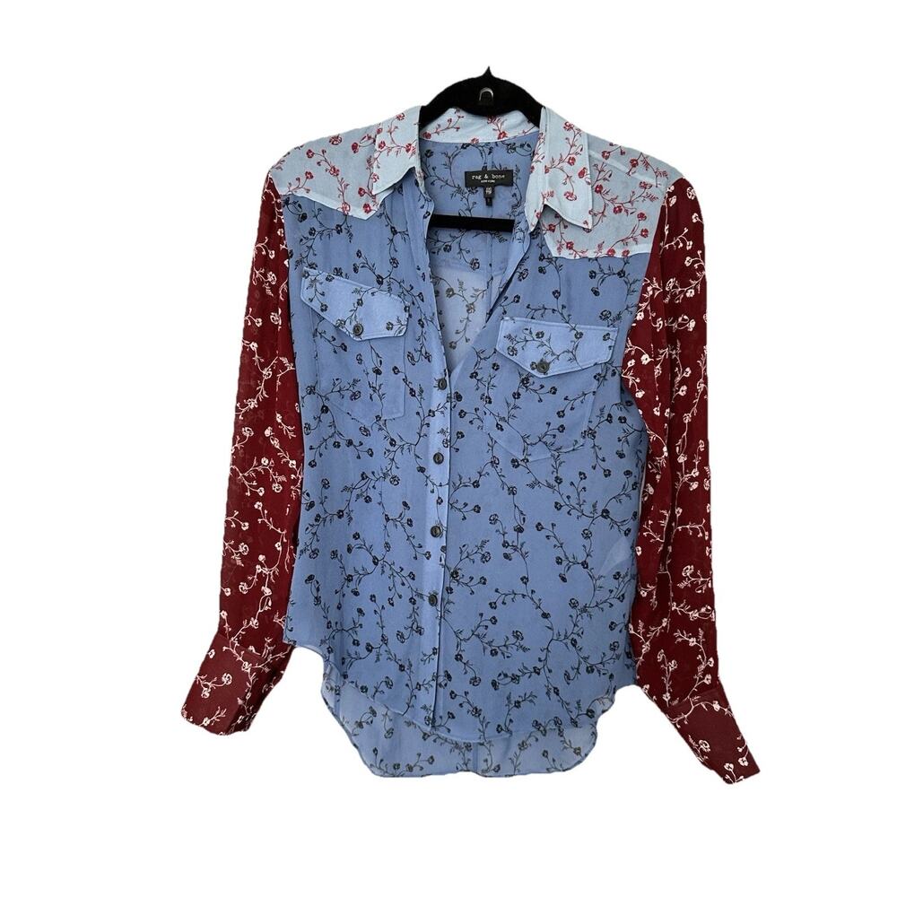 XLNT SZ XXS Rag & Bone Women Viscose Patchwork Western Shirt Floral Blue Red